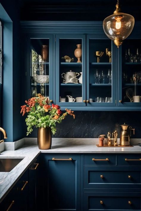 Teal Kitchen Cabinets, Dark Blue Kitchens, Blue Kitchen Walls, Blue Kitchen Designs, Kitchen Cabinet Inspiration, Bold Kitchen, Teal Kitchen, Blue Kitchen Cabinets, Blue Cabinets