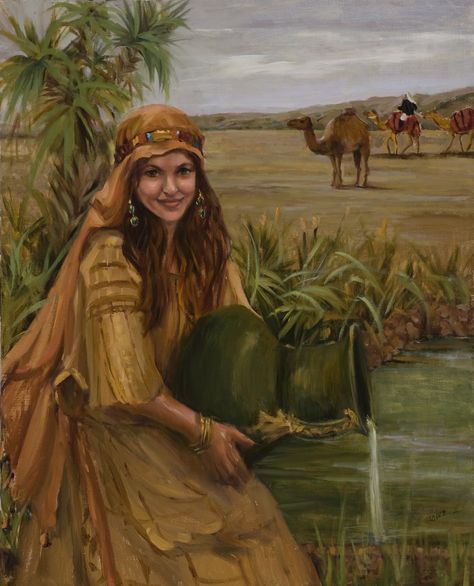 The story of Rebekah (Rebecca) at the well is one of the greatest Bible stories of all time. It begins with Abraham in his old age (Gen 24:1) and his servant Eliezer. Abraham makes an oath with Eliezer to go and find Isaac (Abraham's son) a wife.  She was described as very beautiful. Camel Art, Mormon Art, Bible Illustrations, Lds Art, Bible Women, Bible Characters, Bible Pictures, Prophetic Art, Become Wealthy