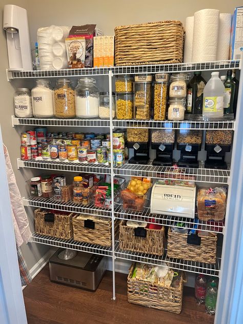 Pantry Organization Homestead Pantry Organization, Stocked Pantry Aesthetic, Realistic Pantry Organization, Full Pantry Aesthetic, Snack Closet Organized Pantry, Realistic Pantry, Pantry Organization Realistic, Organized Pantry Asthetic, Homestead Pantry