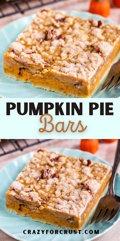 These Pumpkin Pie Bars are an easy dessert that will feed a crowd! They have a buttery shortbread crust and a pecan crumble topping that goes perfectly with the pumpkin filling. Pumpkin Crumble Bars, Pecan Crumble Topping, Pumpkin Crumble, Pecan Crumble, Perfect Pumpkin Pie, Crazy For Crust, Pumpkin Pie Bars, Crumble Bars, Ginger Nut