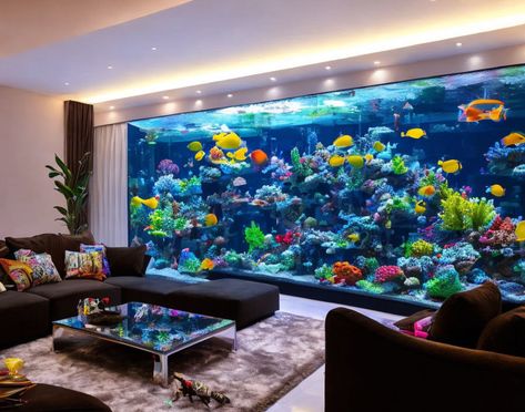 Transform your space with a big fish tank, adding a touch of underwater beauty to your beautiful living room. #AquaticSerenity #BeautifulLivingRoom #FishTankDecor #HomeStyle #UnderwaterBeauty Aquarium Home Design, Fish Tank Home Decor Living Rooms, Large Aquarium In Living Room, Big Aquarium In House, Fish Tank In Room, Fish Aquarium Ideas For Living Room, Large Fish Tank Ideas, Aquarium In House, Aquarium Ideas Decoration