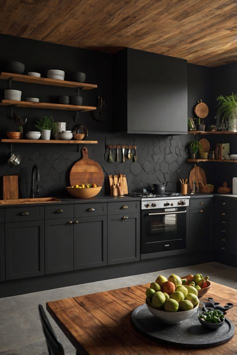 home decor interior design,color matching painting,interior bedroom design,living room interior Black Themed Kitchen, Black Wall Kitchen, Black Kitchen Walls, Small Black Kitchen, Black Kitchen Wall, Black Walls Kitchen, Japandi Office, All Black Kitchen, Moody Kitchen