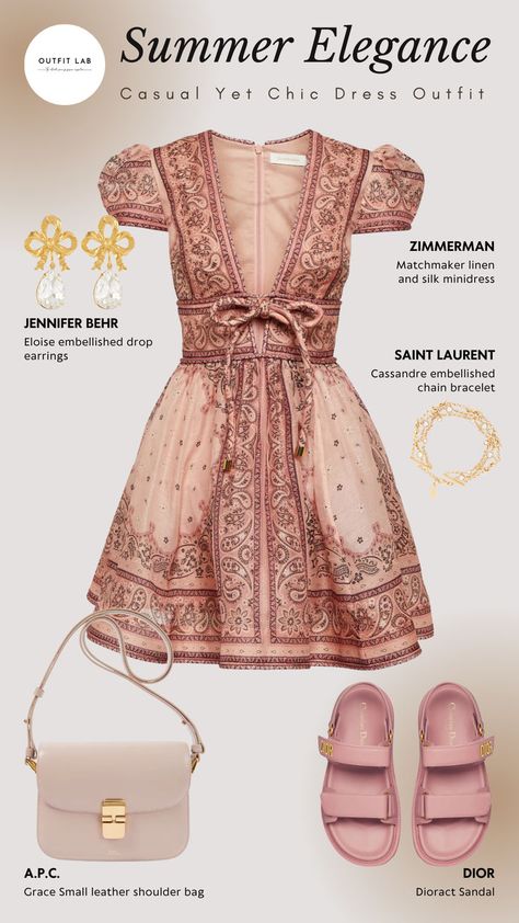 Casual elegant chic Zimmerman minidress, Dior sandals, A.P.C. shoulder bag, Jennifer Behr earrings and Saint Laurent bracelet Dior Dress Elegant, Saint Laurent Bracelet, Zimmerman Dress, Summer Elegance, Top Summer Outfits, Dior Dress, Europe Outfits, Dior Sandals, Jennifer Behr