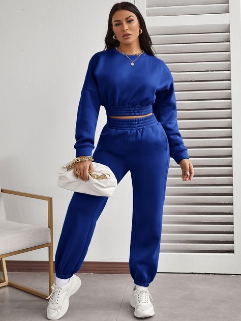 SHEIN EZwear Drop Shoulder Crop Thermal Pullover & Sweatpants Set | SHEIN ASIA Outfits Sweatpants, Highschool Outfits, Sports Outfit, 2piece Outfits, High School Outfits, About School, Satin Cami, Sweatpants Set, Pajama Set Women