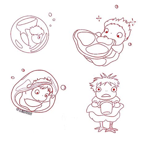 Ponyo Simple Drawing, Ponyo Tattoo Design, Studio Ghibli Ponyo Tattoo, Ponyo Eating Ham, Studio Ghibli Tattoo Ideas Ponyo, Tiny Ghibli Tattoo, Studio Ghibli Cute Drawings, Ponyo Drawings Sketch, Studio Ghibli Tattoo Ponyo