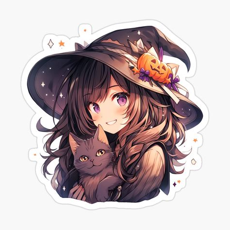 Cute Anime Witch, Cute Halloween Pfp, Witch And Her Cat, Halloween Profile, Stickers Pictures, Happy Halloween Pictures, Witch Drawing, Journal 2024, Witch Characters