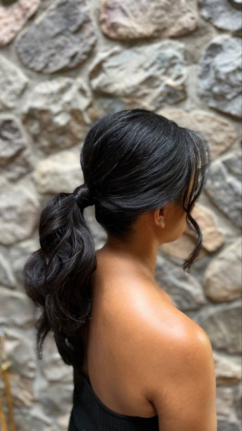 Mid Pony Updo, Prom Hair Pony, High Pony Bridesmaid Hair, Curled Low Ponytail, Low Pony Hairstyles Short Hair, Low Pony Bridesmaid Hair, Bridesmaid Hairstyles Dark Hair, Fancy Low Ponytail, Dark Hair Wedding Hairstyles Brides