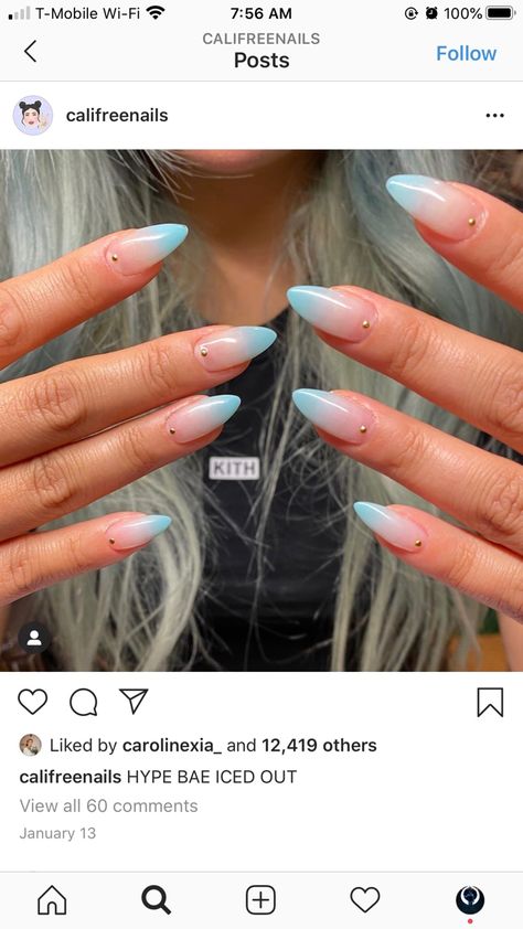 Blue Ombre French Tip Nails Almond, Lavender Ombre Nails Almond, Blue Ombré Almond Nails, Wedding Nails For Bride Dusty Blue, March Birthstone Nails, Light Blue Ombre Nails Almond, Light Blue Ombré Nails, Tahiti Nails, Blue Ombre Nails Almond