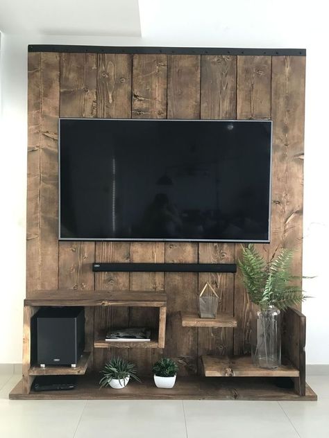 Industrial Living Room Tv Wall, Tv Unit Decor Wooden, Wall Cladding Tv Unit, Tv Wall Design Living Room Wood, Tv Unit Wooden Design, Wooden Tv Wall Design, Wooden Wall Tv, Tv Unit Diy, Rustic Tv Wall Ideas