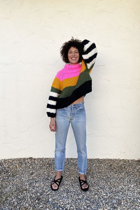 Sweater With Different Color Sleeves, Bright Colored Sweaters, Colourful Knitted Sweater, Color Block Knit Sweater, Colorful Knitted Sweaters, Two Color Sweater, Color Block Sweater Outfit, Crochet Colour Block Sweater, Color Block Crochet Sweater