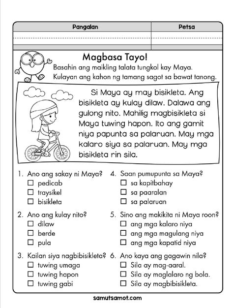 Here are three reading comprehension exercises in Filipino for primary grade students. Each exercise has a short and simple paragraph and six multiple-choice questions. Please read the Terms of Use in the PDF file. Downloading the file means you agree to abide by the Terms of Use. To print the downloaded PDF file, open the … Tagalog Comprehension With Question, Grade 2 Filipino Reading, Reading Comprehension For Grade Three, Grade 1 Filipino Reading, Filipino Grade 2 Pagbasa, Kwentong Pambata Tagalog With Questions, Tagalog Reading For Grade 1, 1st Grade Reading Worksheets Tagalog, Filipino Reading For Grade 3