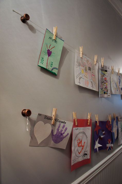 Child's Hallway Art Gallery Display with knobs, string, wooden clothespins Clothes Pin Art Display, Clothes Line Art Display, Hallway Art Gallery, Art Gallery Display, Art Work Display, Diy Art Work, Kids Church Decor, Hallway Ideas Diy, Art Display Wall