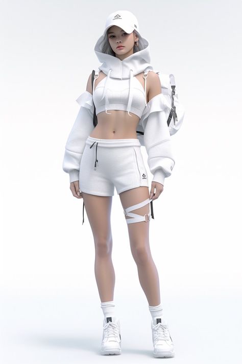 Futurewear Fashion, White Cyberpunk Outfit, Anime Futuristic Outfit, White Tech Wear, White Futuristic Outfit, Delinquent Outfit, Techwear Fashion Women, Cyberpunk Inspired Outfit, Futuristic Sportswear