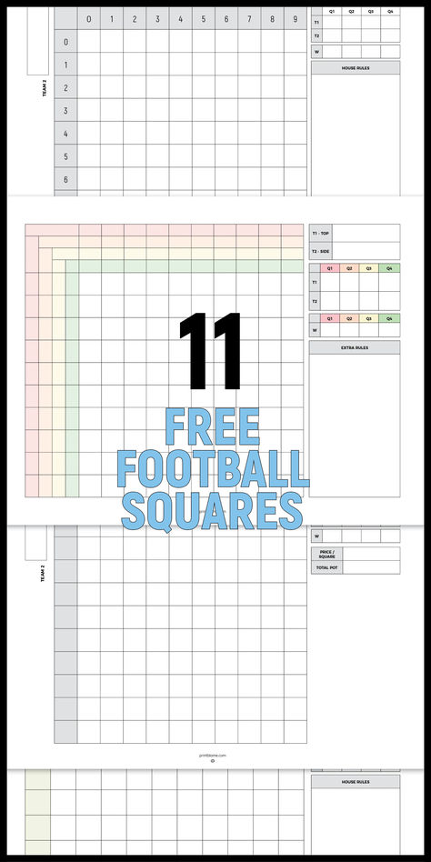 A printable football squares sheet with a 10x10 grid, spaces for team names, quarter tracking, and a section for house rules and game details. Printable Football Squares, Football Squares Template, Football Party Games, Superbowl Squares, Football Squares, Pot Making, Free Football, Super Bowl Party, Football Party