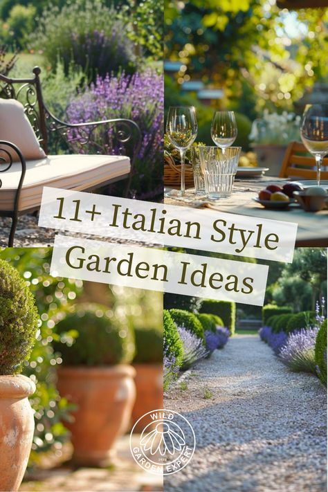 If you’re looking to add a little slice of la dolce vita to your outdoor space, then check out these awesome Italian style garden ideas. From sun-soaked dining nooks to gurgling fountains, these tips will have you channelling the charm of an Italian country villa in no time.  You’ll soon find yourself slowing down to savour the beauty, scents, tastes and sounds that make an Italian garden such a sensational setting. Tuscan Gardens Landscape, Italian Pots Garden, Italian Garden Inspiration, Small Tuscan Garden Ideas, Toscana Garden Design, European Courtyard Ideas, Italian Garden Flowers, Italian Inspired Landscaping, Provence Style Garden