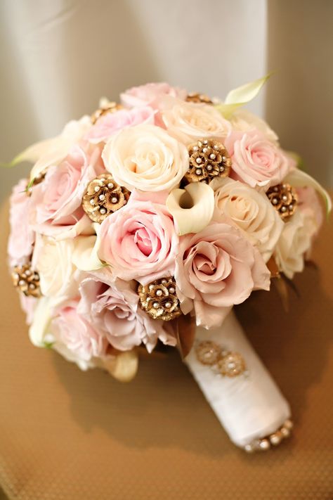 A unique touch added to a pink and white rose and mini calla bouquet: gold scabiosa pods with pearl accents. Gold Wedding Bouquets, Gold Bouquet, 13 November, Pink And Gold Wedding, Wedding Bouquets Pink, Fall Wedding Bouquets, Bride Bouquets, Rose Gold Wedding, Blush Wedding