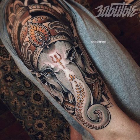 Lord Ganesha Tattoo, Ganesh Tattoos, Wisdom Tattoo, Buda Tattoo, Headdress Tattoo, Hindu Tattoos, Ganesh Tattoo, Brain Tattoo, God Of Wisdom