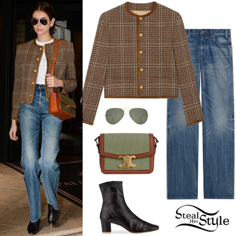 Kaia Gerber street style | Steal Her Style Kaia Gerber Street Style, Triomphe Bag, Kaia Gerber Style, Leather Thigh Boots, Miley Cyrus Style, Steal Her Style, Ray Ban Aviator, Wool Trench Coat, Checked Jacket