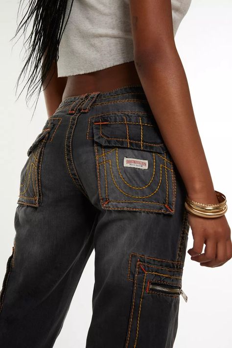 True Religion Becca Cargo Low Rise Bootcut Jean | Urban Outfitters True Religion Jeans Outfit Black Women, True Religion Jeans Outfit, Horseshoe Embroidery, True Religion Outfits, Fit Layout, Low Rise Jeans Outfit, Low Rise Jean, Pretty Shoes Sneakers, Low Rise Bootcut Jeans