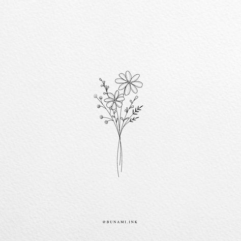 Fineline Tattoo Minimalist, Bunami Ink, Tiny Flower Tattoos, Wild Bouquet, Hamsa Tattoo, Fineline Tattoo, Bouquet Tattoo, Wildflower Tattoo, Daisy Tattoo