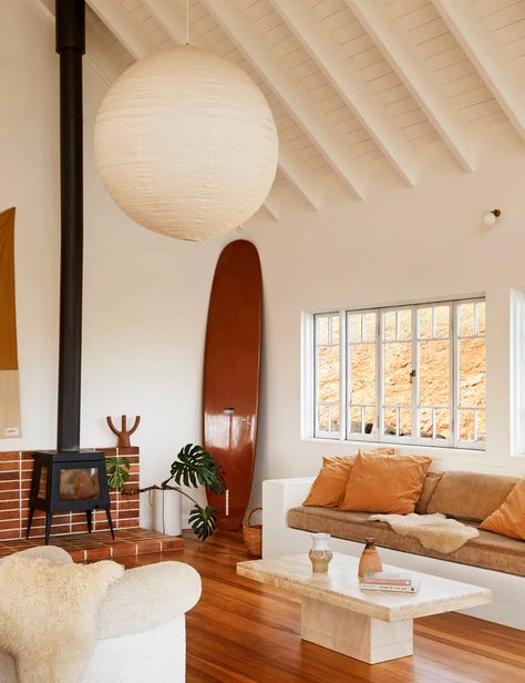 A Family Barn House In Bangalow’s Rolling Hills Tile For Fireplace, 70’s House, Beachy House, Deco Surf, Mahogany Decking, Recycled Window, Stone Dining Table, Surf House, Beach House Design