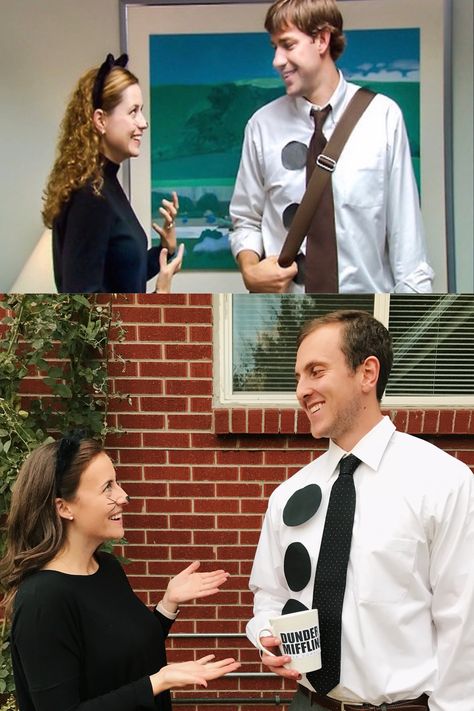 Pam and Jim at Dundee Mifflin Office Halloween party #theoffice #jimandpam #theofficejimandpam #theofficejimandpamhalloweencostume #jimandpamcostume #jimandpamhalloweencostume #theoffice #officehalloween #halloweencostume Couple Halloween Costumes Jim And Pam, The Office Couples Costumes, Jim Halloween Costumes, Pam Cat Costume The Office, The Office Themed Halloween Costumes, Jim And Pan Halloween Costume, Pam The Office Costume, The Office Couple Costume, Easy Halloween Costumes Couples Diy