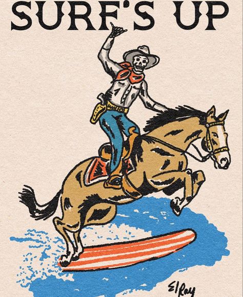 Vintage Western T Shirts, Vintage Cowgirl Poster, Surf Cowboy Tattoo, Cowboy Beach Aesthetic, Tropical Cowboy, Surfing Cowboy, Surf Cowboy, Western Graphic Design, Vintage Cowboy Art