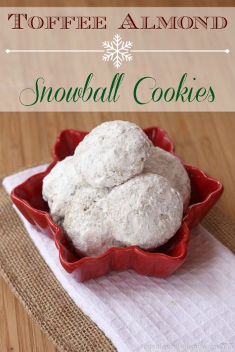 Toffee Almond Snowball Cookies Almond Snowball Cookies, Snowball Cookie, Coffee Toffee, Christmas Cookie Exchange Recipes, Snowball Cookie Recipe, Cookie Exchange Recipes, Almond Toffee, Candy Cookie, Snowball Cookies