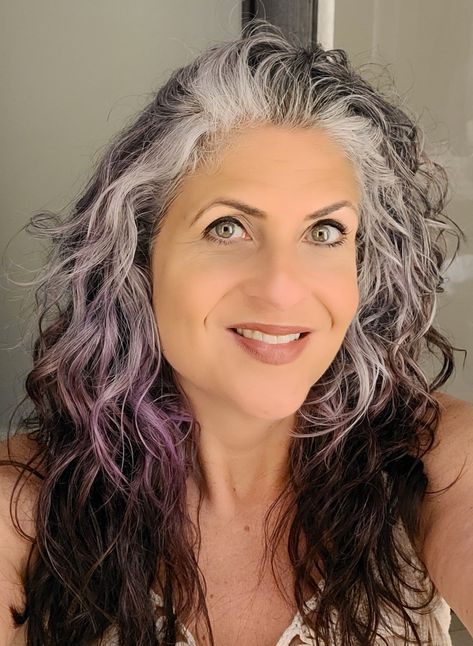 Overtone extreme purple on natural gray. Silver Hair With Purple Ends, Silver Hair Purple Roots, Half Grey Half Purple Hair, Silver Purple Hair Lavender, Silver Purple Curly Hair, Lilac Grey Hair, Pretty Gray Hair, Purple Grey Hair, Hidden Hair Color