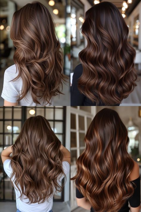 Brown Balayage Cinnamon, Highlights Brown Hair No Bleach, Brown Balayage With Bangs, Brown Lowlights Brunettes, Cappuccino Hair Color, Balayage Chocolate, Highlights Brown Hair Balayage, Winter Hair Colors, Highlights Curly Hair