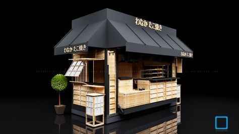 Takoyaki Kiosk | KOTAK INTERIOR AND FURNITURE Kiosk Design Ideas Architecture, Kiosk Design Ideas, Coffee Booth, Street Food Design, Gerobak Dorong, Container Cafe, Food Kiosk, Food Cart Design, Kiosk Design