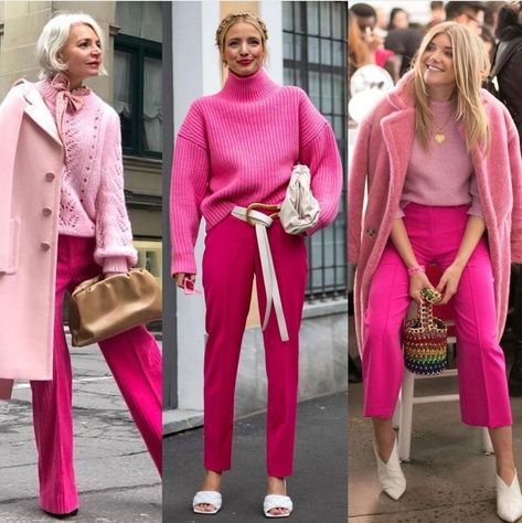 Pink Monochromatic Outfit Winter, Pink Patent Boots Outfit, Pink Pants Outfit 2023, Fuschia Outfit Ideas, Fuschia Outfits For Women, Fuschia Work Outfit, Fuschia Trousers Outfit, Hot Pink Flats Outfit, Hot Pink Pants Outfit Winter