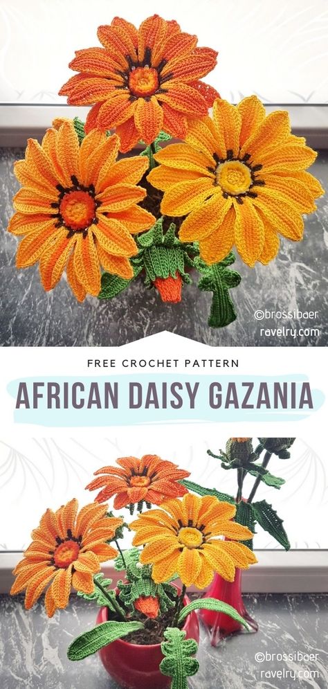 African Daisy Crochet, How To Resize A Crochet Pattern, African Daisy Crochet Pattern, Single Color Amigurumi, Crochet Stem Flowers, Crochet Flowers And Leaves, Crochet Fall Flowers Free Pattern, Dahlia Crochet Pattern Free, Crochet Garden Decoration