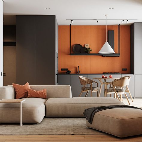 Bauhaus Interior Design, Living Room Designs Farmhouse, Orange Bathrooms Designs, Blue Kids Room, Salon Simple, Small Space Interior Design, Small Apartment Interior, Living Room Orange, Open Plan Living Room