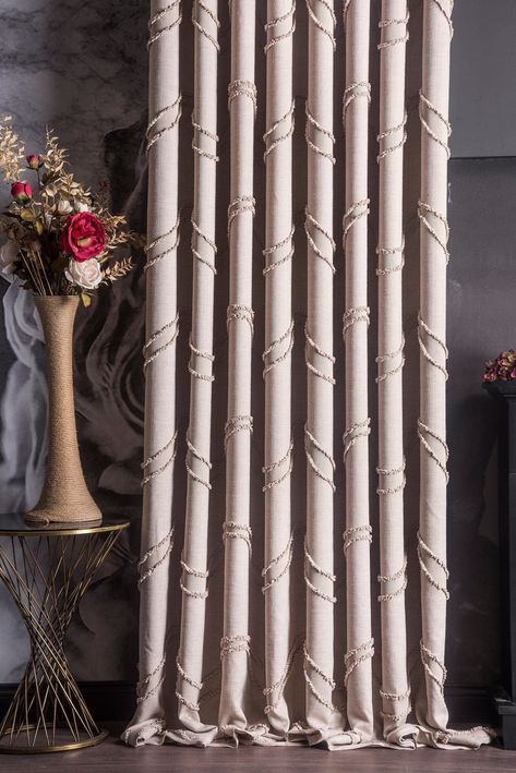 Embroidered and patterned cream curtains for your living room or bedroom. Our modern and stylish curtain is made of linen fabric. It has a long-lasting and easy-to-clean fabric structure.  You can change the whole look of your home and rooms with a single touch. In addition to being long-lasting, it will create a fascinating atmosphere with its modern and stylish appearance.  Easy to clean, dust and dirt repellent. It is also useful for people with allergies. It does not transmit sun rays and su Cream White Curtains, Luxury Curtains Bedroom, Cream Linen Curtains, Curtains Cream, Curtains Luxury, Cream Curtains, Transitional Dining Room, White Couches, White Drapes