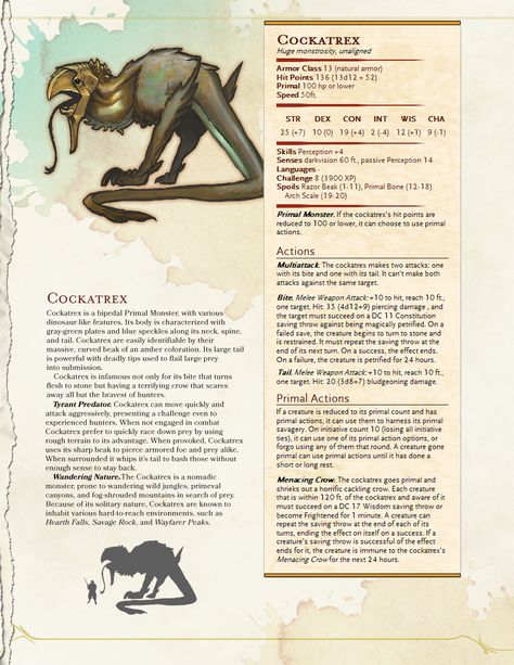 Primal Monster: Cockatrex Homebrew Monsters, Dnd Stats, Dnd Homebrew, Dungeon Master's Guide, Dungeons And Dragons 5e, Christmas Campaign, Dnd 5e Homebrew, Dnd Dragons, D D Monsters