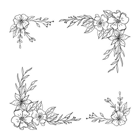 A simple border of flowers with leaves a... | Premium Vector #Freepik #vector #clipart #wreath #garland #wreaths Leaf Border Design For Project, Bingkai Simple, Corner Drawing Ideas, Flower Garland Drawing, Flower Borders Design, Flower Border Design Simple, Rectangle Border Design, Simple Border Ideas, Card Border Design