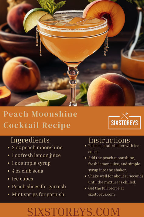 Peach Moonshine Cocktail Recipe Peach Moonshine Cocktails, Creative Cocktail Garnishes, Peach Moonshine, Moonshine Cocktails, Cocktail Garnishes, Soda Syrup, Peach Drinks, Cocktail Garnish, Creative Cocktail