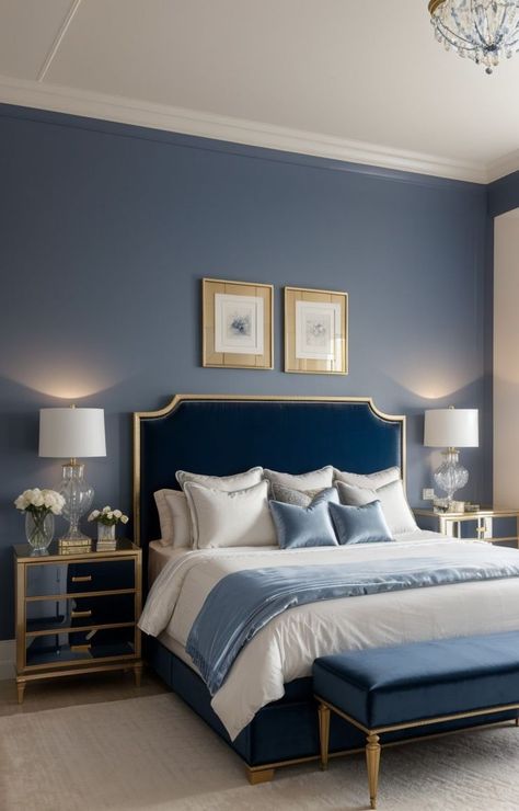 "Transform your bedroom into a cozy sanctuary with these simple and easy ideas! ✨ Discover budget-friendly tips for creating a dreamy space, from stylish decor to clever storage solutions. Dive into a world of comfort and style – because a good night's sleep begins with a beautiful bedroom. 💤 #BedroomIdeas #CozySpaces #HomeDecor" Baby Blue Bedrooms, Blue And Gold Bedroom, Velvet Bedroom, Dark Blue Bedrooms, Blue Headboard, Blue Bedroom Design, Blue Bedroom Decor, Gold Bedroom, Living Room Design Decor