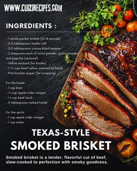 This authentic Texas-style smoked beef brisket recipe delivers a tender, juicy, and flavorful masterpiece. With a perfect balance of smoky bark and melt-in-your-mouth meat, this brisket is sure to impress at your next barbecue gathering. Tender Juicy Smoked Brisket, Myron Mixon Brisket Recipe, Brisket Dinner Ideas, Meemaw's Brisket Recipe, Beef Brisket Recipes Smoked, Brisket Marinade Recipes, Brisket Point Recipe, Smoked Brisket Recipes, Christmas Brisket