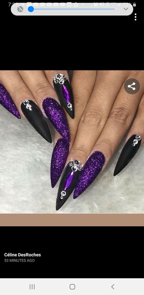 Black And Purple Nails, Purple Glitter Nails, Purple Nail Art, Purple Acrylic Nails, Purple Nail Designs, Gothic Nails, Lavender Nails, Goth Nails, Stiletto Nails Designs