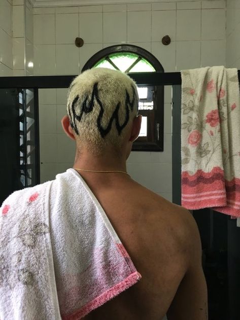 Men’s Bleached Hair With Designs, Dyed Hair Shaved Head, Designed Buzzcut, Bald Head Designs Men, Dyed Pattern Buzzcut, Buzz Dye Designs, Buzz Head Dyed, Bleach Buzzed Hair Designs, Buzz Hair Patterns