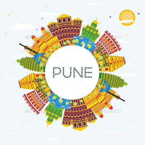 Pune India Skyline Pune India Skyline with Color Buildings, Blue Sky and Copy Space. Vector Illustr #Pune, #India, #Skyline Pune Highlight Cover Instagram, Pune City Aesthetic, Pune Doodle, Pune India Aesthetic, Insta Highlight Cover Icons Family, Pune Doodle Art, Pune Illustrations, Pune City Illustration, India Skyline Illustration