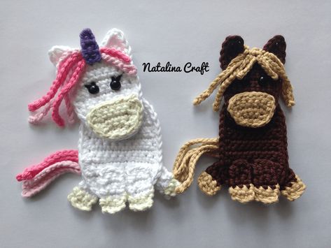 Crochet Applique: Unicorn - Natalina Craft Crochet Minis, Jumper Crochet, Granny Square Häkelanleitung, Crochet Puff Flower, Crochet Applique Patterns Free, Crochet Appliques, Crochet Unique, Crochet Horse, Confection Au Crochet