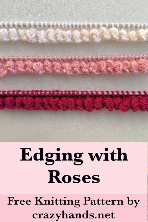 Learn how to knit a roses-like edging (border) that can be used to decorate sleeve cuffs, blankets, kitchen towels, and more. #decorknitting #knitdecor #knitedge #knitedging #knitborder #knittingpattern #knitpattern #knitting #knit #howtoknit Knitted Blanket Edges Ideas, Knitting Blanket Border, Knitting Edges And Borders Pattern, Knit Blanket Border, Knitted Edges And Borders, Knitting Edges And Borders, Knitting Borders, Knitted Edging, Knit Borders