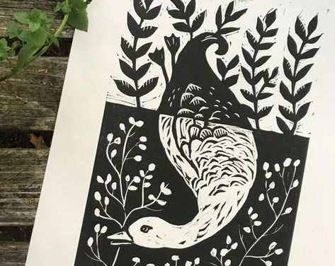 Duck Lino Print, Spring Linocut, Lino Inspiration, Fish Linocut, Bird Linocut, Lino Cut Ideas, Lino Ideas, Linocut Ideas, Linoleum Block Printing