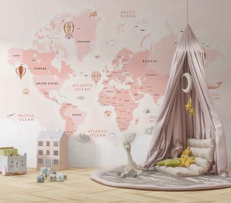 Pink World Map, Color World Map, World Map Mural, Map Nursery, Kindergarten Wallpaper, Girls Room Wallpaper, Kids World Map, Map Murals, Nursery Wall Murals