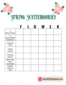 Free Printable Spring Scattergories Game with the Word 'Flower' Spring Games For Seniors, Word Games For Seniors Free Printable, Spring Games For Adults, April Activities For Seniors, Word Games For Seniors, Scattergories Lists, Seniors Activities, April Ideas, Memory Care Activities