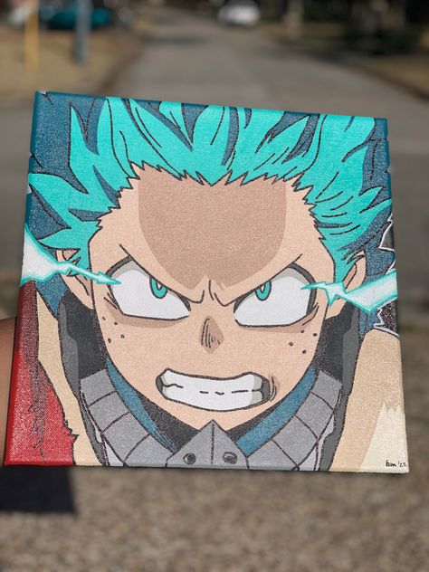 Deku Canvas Painting, My Hero Academia Painting Canvas, Easy Anime Painting Ideas On Canvas, Deku Painting, Anime Painting Acrylic Canvas, Painting Ideas On Canvas Anime, Easy Anime Painting Ideas, My Hero Academia Painting, Anime Canvas Painting Easy