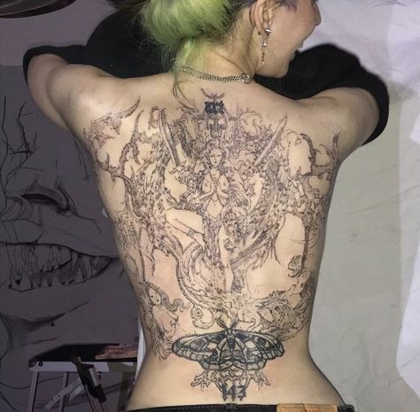 Full Back Pieces For Women Tattoo, Back Collage Tattoo, Large Back Piece Tattoo, Trash Style Tattoo, Chandelier Back Tattoo, Vintage Back Tattoo, Back Tattoo Pieces For Women, Ethereal Tattoos Back, Xix Tattoo